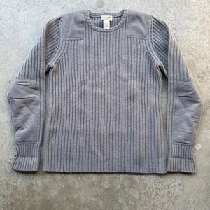 LL Bean Commando Sweater Mens Medium Gray Merino Lambswool Ribbed Patch Elbow